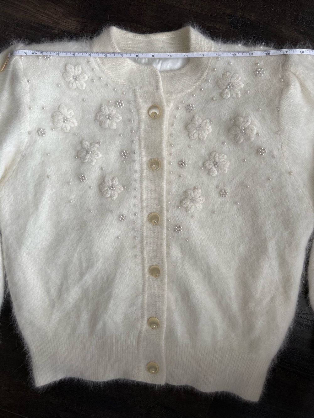 Vintage Ivory Angora Blend Cardigan Pearl Floral Embellished Sweater - Picture 7 of 10